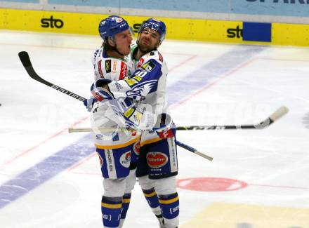 EBEL. Eishockey Bundesliga. VSV gegen HK SZ Olimpija Ljubljana.  Torjubel Philipp Lindner, Brett Flemming (VSV). Villach, am 9.3.2022.
Foto: Kuess
www.qspictures.net
---
pressefotos, pressefotografie, kuess, qs, qspictures, sport, bild, bilder, bilddatenbank