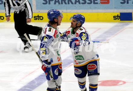 EBEL. Eishockey Bundesliga. VSV gegen HK SZ Olimpija Ljubljana.  Torjubel Philipp Lindner, Brett Flemming (VSV). Villach, am 9.3.2022.
Foto: Kuess
www.qspictures.net
---
pressefotos, pressefotografie, kuess, qs, qspictures, sport, bild, bilder, bilddatenbank