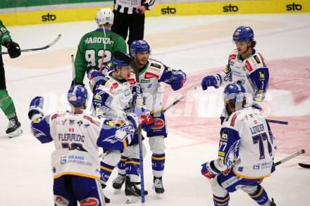 EBEL. Eishockey Bundesliga. VSV gegen HK SZ Olimpija Ljubljana. Torjubel Benjamin Lanzinger, Alexander Rauchenwald, Renars Krastenbergs, Philipp Lindner, Brett Flemming  (VSV). Villach, am 9.3.2022.
Foto: Kuess
www.qspictures.net
---
pressefotos, pressefotografie, kuess, qs, qspictures, sport, bild, bilder, bilddatenbank