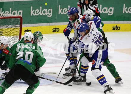 EBEL. Eishockey Bundesliga. VSV gegen HK SZ Olimpija Ljubljana.  Anton Karlsson, Rick Schofield,  (VSV), Zan Us  (Laibach). Villach, am 9.3.2022.
Foto: Kuess
www.qspictures.net
---
pressefotos, pressefotografie, kuess, qs, qspictures, sport, bild, bilder, bilddatenbank