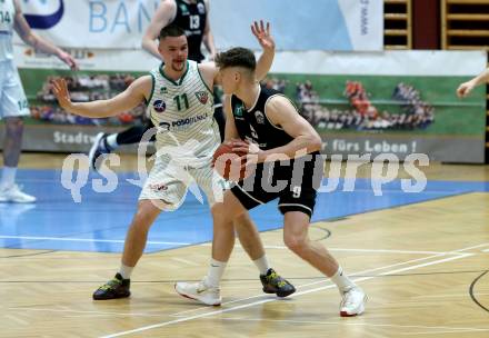 Basketball 2. Liga 2021/2022. Grunddurchgang 19. Runde.  KOS Celovec gegen  RAIDERS Tirol.  Grega Sajevic  (KOS),  Ziga Habat  (Tirol). Klagenfurt, am 12.3.2022.
Foto: Kuess
www.qspictures.net
---
pressefotos, pressefotografie, kuess, qs, qspictures, sport, bild, bilder, bilddatenbank