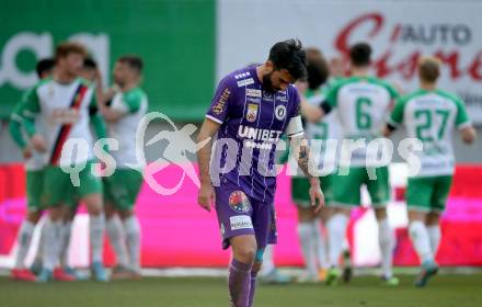 Fussball Bundesliga. Play-off. SK Austria Klagenfurt gegen Rapid Wien.  Kosmas Gkezos,  (Klagenfurt), Torjubel Rapid Wien. Klagenfurt, am 13.3.2022.
Foto: Kuess
www.qspictures.net
---
pressefotos, pressefotografie, kuess, qs, qspictures, sport, bild, bilder, bilddatenbank