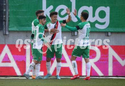 Fussball Bundesliga. Play-off. SK Austria Klagenfurt gegen Rapid Wien.  Torjubel Martin Moormann, Bernhard Zimmermann, Yusuf Demir, Dejan Petrovic (Rapid). Klagenfurt, am 13.3.2022.
Foto: Kuess
www.qspictures.net
---
pressefotos, pressefotografie, kuess, qs, qspictures, sport, bild, bilder, bilddatenbank