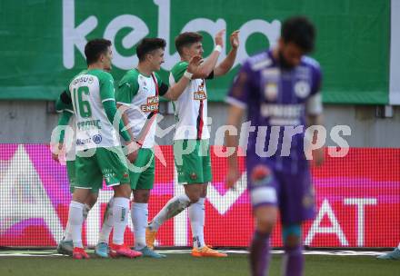 Fussball Bundesliga. Play-off. SK Austria Klagenfurt gegen Rapid Wien.  Torjubel Martin Moormann, Bernhard Zimmermann, Yusuf Demir, Dejan Petrovic (Rapid). Klagenfurt, am 13.3.2022.
Foto: Kuess
www.qspictures.net
---
pressefotos, pressefotografie, kuess, qs, qspictures, sport, bild, bilder, bilddatenbank