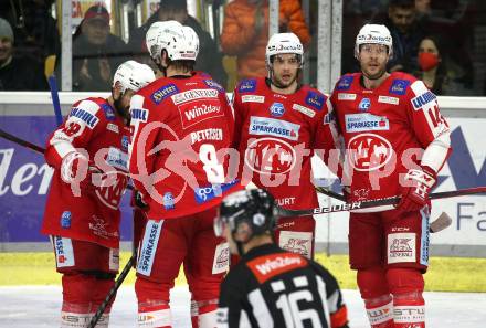 EBEL. Eishockey Bundesliga. KAC gegen	spusu Vienna Capitals. Torjubel Nicholas Eric Petersen, Matthew Fraser, Paul Postma, Lukas Haudum, Thomas Koch (KAC). Klagenfurt, am 13.3.2022.
Foto: Kuess
www.qspictures.net

---
pressefotos, pressefotografie, kuess, qs, qspictures, sport, bild, bilder, bilddatenbank