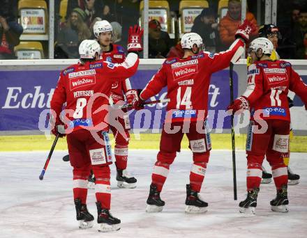 EBEL. Eishockey Bundesliga. KAC gegen	spusu Vienna Capitals. Torjubel Nicholas Eric Petersen, Matthew Fraser, Paul Postma, Lukas Haudum (KAC). Klagenfurt, am 13.3.2022.
Foto: Kuess
www.qspictures.net

---
pressefotos, pressefotografie, kuess, qs, qspictures, sport, bild, bilder, bilddatenbank