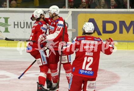 EBEL. Eishockey Bundesliga. KAC gegen	spusu Vienna Capitals. Torjubel Paul Postma, Nicholas Eric Petersen, David Maier (KAC). Klagenfurt, am 20.3.2022.
Foto: Kuess
www.qspictures.net

---
pressefotos, pressefotografie, kuess, qs, qspictures, sport, bild, bilder, bilddatenbank