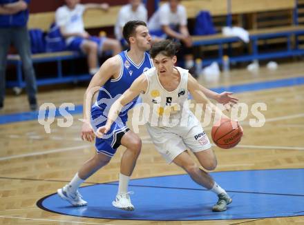 Basketball Zweite Liga 2021/2022. Grunddurchgang 16. Runde.  Woerthersee Piraten gegen Kufstein Towers. Felix Leindecker  (Piraten),  Luka Bozak (Kufstein). Klagenfurt, am 20.3.2022. 
Foto: Kuess
www.qspictures.net

---
pressefotos, pressefotografie, kuess, qs, qspictures, sport, bild, bilder, bilddatenbank