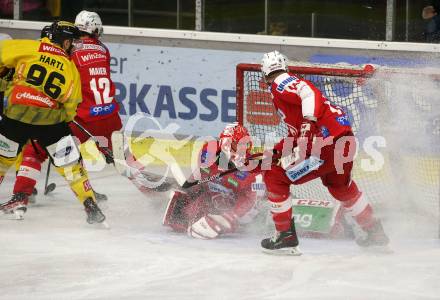 EBEL. Eishockey Bundesliga. KAC gegen	spusu Vienna Capitals. Sebastian Dahm, Paul Postma, (KAC),  Nikolaus Hartl  (Vienna Capitals). Klagenfurt, am 20.3.2022.
Foto: Kuess
www.qspictures.net

---
pressefotos, pressefotografie, kuess, qs, qspictures, sport, bild, bilder, bilddatenbank