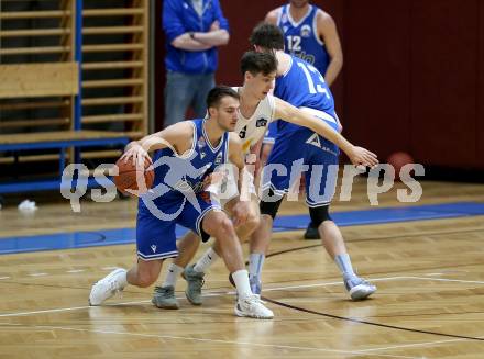 Basketball Zweite Liga 2021/2022. Grunddurchgang 16. Runde.  Woerthersee Piraten gegen Kufstein Towers. Felix Leindecker  (Piraten),  Luka Bozak (Kufstein). Klagenfurt, am 20.3.2022. 
Foto: Kuess
www.qspictures.net

---
pressefotos, pressefotografie, kuess, qs, qspictures, sport, bild, bilder, bilddatenbank