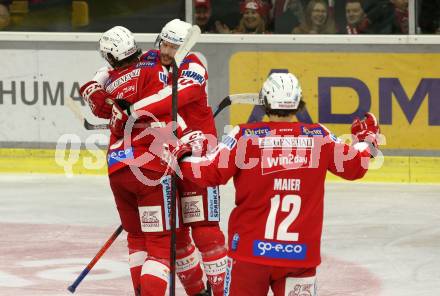 EBEL. Eishockey Bundesliga. KAC gegen	spusu Vienna Capitals. Torjubel Paul Postma, Nicholas Eric Petersen, David Maier (KAC). Klagenfurt, am 20.3.2022.
Foto: Kuess
www.qspictures.net

---
pressefotos, pressefotografie, kuess, qs, qspictures, sport, bild, bilder, bilddatenbank