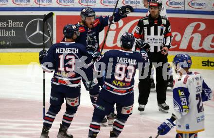 EBEL. Eishockey Bundesliga. VSV gegen Hydro Fehervar AV 19. Torjubel Henrik Johan Nilsson, Kristof Nemeth, Akos Mihaly   (Hydro Fehervar). Villach, am 24.3.2022.
Foto: Kuess
www.qspictures.net
---
pressefotos, pressefotografie, kuess, qs, qspictures, sport, bild, bilder, bilddatenbank