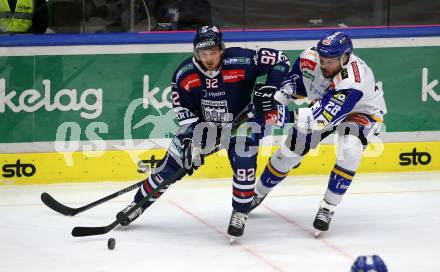 EBEL. Eishockey Bundesliga. VSV gegen Hydro Fehervar AV 19.  Derek Joslin, (VSV),  Anze Kuralt  (Hydro Fehervar). Villach, am 24.3.2022.
Foto: Kuess
www.qspictures.net
---
pressefotos, pressefotografie, kuess, qs, qspictures, sport, bild, bilder, bilddatenbank