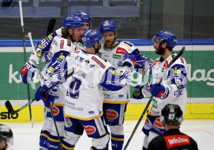 EBEL. Eishockey Bundesliga. VSV gegen Hydro Fehervar AV 19.  Torjubel Anton Karlsson, Philipp Lindner, John Hughes, Brett Flemming, Travis Oleksuk (VSV). Villach, am 24.3.2022.
Foto: Kuess
www.qspictures.net
---
pressefotos, pressefotografie, kuess, qs, qspictures, sport, bild, bilder, bilddatenbank