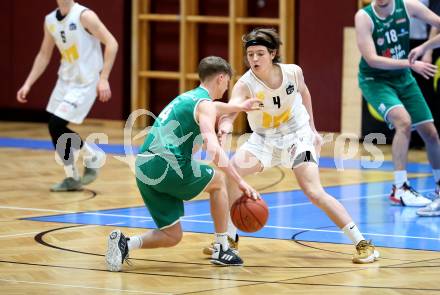 Basketball Zweite Liga 2021/2022. Playdown 1.  Woerthersee Piraten gegen Future Team Steiermark. Emilio Rozmann (Piraten), Gabriel Heigl (Steiermark). Klagenfurt, am 3.4.2022. 
Foto: Kuess
www.qspictures.net

---
pressefotos, pressefotografie, kuess, qs, qspictures, sport, bild, bilder, bilddatenbank