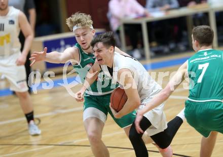 Basketball Zweite Liga 2021/2022. Playdown 1.  Woerthersee Piraten gegen Future Team Steiermark. Felix Leindecker  (Piraten), Alan Derado (Steiermark). Klagenfurt, am 3.4.2022. 
Foto: Kuess
www.qspictures.net

---
pressefotos, pressefotografie, kuess, qs, qspictures, sport, bild, bilder, bilddatenbank