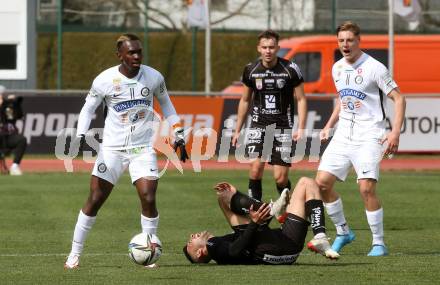 Fussball Bundesliga. Meistergruppe. WAC gegen SK Puntigamer Sturm Graz.  Tai Baribo (WAC),  Ninagbo Dogbole Franck Anderson, Alexander Prass (Graz). Wolfsberg, am 3.4.2022.
Foto: Kuess
www.qspictures.net
---
pressefotos, pressefotografie, kuess, qs, qspictures, sport, bild, bilder, bilddatenbank