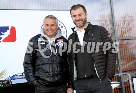 Fussball Bundesliga. SK Austria Klagenfurt gegen Red Bull Salzburg. Buehnen Party, Praesentation Hauptsponsor.   Trainer Peter Pacult, Zeljko Karajica. Klagenfurt, am 10.4.2022.
Foto: Kuess
---
pressefotos, pressefotografie, kuess, qs, qspictures, sport, bild, bilder, bilddatenbank