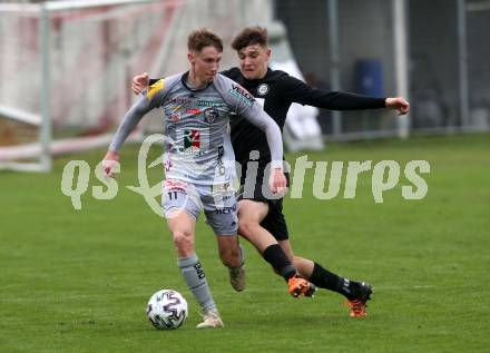 Fussball Regionalliga. WAC Amateure gegen Sturm Graz II. Timo Altersberger  (WAC Amateure),  Moritz Wels (Sturm Graz). St. Andrae, am 9.4.2022.
Foto: Kuess
---
pressefotos, pressefotografie, kuess, qs, qspictures, sport, bild, bilder, bilddatenbank