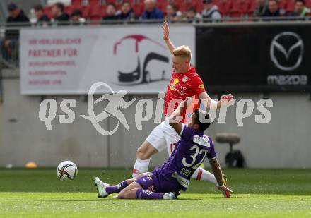 Fussball Bundesliga. SK Austria Klagenfurt gegen Red Bull Salzburg.   Markus Pink,  (Klagenfurt), Nicolas Seiwald  (Salzburg). Klagenfurt, am 10.4.2022.
Foto: Kuess
---
pressefotos, pressefotografie, kuess, qs, qspictures, sport, bild, bilder, bilddatenbank