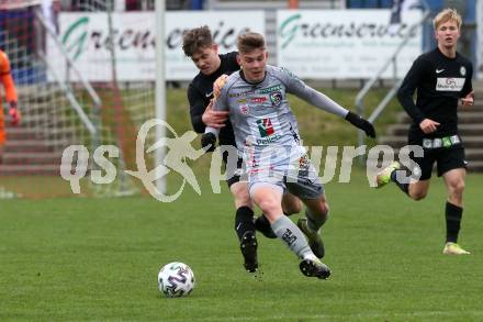 Fussball Regionalliga. WAC Amateure gegen Sturm Graz II.  Daniel Goriupp (WAC Amateure), Daniel Lukas Saurer   (Sturm Graz). St. Andrae, am 9.4.2022.
Foto: Kuess
---
pressefotos, pressefotografie, kuess, qs, qspictures, sport, bild, bilder, bilddatenbank