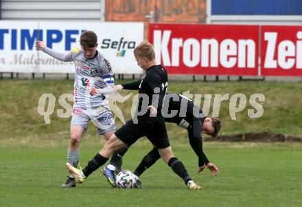 Fussball Regionalliga. WAC Amateure gegen Sturm Graz II. Fabian Tauchhammer   (WAC Amateure), Samuel Stueckler  (Sturm Graz). St. Andrae, am 9.4.2022.
Foto: Kuess
---
pressefotos, pressefotografie, kuess, qs, qspictures, sport, bild, bilder, bilddatenbank