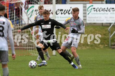 Fussball Regionalliga. WAC Amateure gegen Sturm Graz II.  Daniel Goriupp (WAC Amateure), Christoph Lang  (Sturm Graz). St. Andrae, am 9.4.2022.
Foto: Kuess
---
pressefotos, pressefotografie, kuess, qs, qspictures, sport, bild, bilder, bilddatenbank