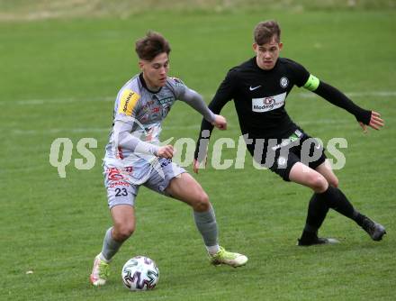 Fussball Regionalliga. WAC Amateure gegen Sturm Graz II.  Paolo Jager (WAC Amateure), Daniel Lukas Saurer  (Sturm Graz). St. Andrae, am 9.4.2022.
Foto: Kuess
---
pressefotos, pressefotografie, kuess, qs, qspictures, sport, bild, bilder, bilddatenbank