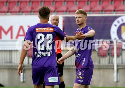 Fussball Testspiel. SK Austria Klagenfurt gegen Kaerntner Auswahl.  Torjubel Patrick Hasenhuettl, Jonas Arweiler (Austria Klagenfurt). KLagenfurt, am 9.7.2022.
Foto: Kuess
---
pressefotos, pressefotografie, kuess, qs, qspictures, sport, bild, bilder, bilddatenbank