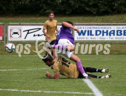 Fussball. Kaerntner Liga. Austria Klagenfurt Amat. gegen Koettmannsdorf.   Patrick Hasenhuettl (Austria Klagenfurt Amat),  Christopher Sallinger  (Koettmannsdorf). Brueckl, 23.7.2022.
Foto: Kuess
---
pressefotos, pressefotografie, kuess, qs, qspictures, sport, bild, bilder, bilddatenbank