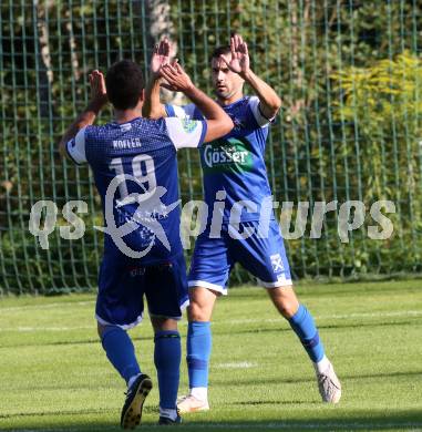 Fussball. Unterliga West. Dellach Gail gegen Penk. Torjubel Samir Nuhanovic, Philipp Werner Kofler (Dellach).  Dellach im Gailtal, am 14.8.2022.
Foto: Kuess
---
pressefotos, pressefotografie, kuess, qs, qspictures, sport, bild, bilder, bilddatenbank