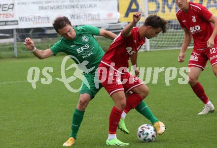 Fussball Kaerntner Liga. Landskron gegen ATSV Wolfsberg.   Philipp Gatti (Landskron),    Maximilian Sorger (Wolfsberg).  Landskron,  20.8.2022.
Foto: Kuess
---
pressefotos, pressefotografie, kuess, qs, qspictures, sport, bild, bilder, bilddatenbank