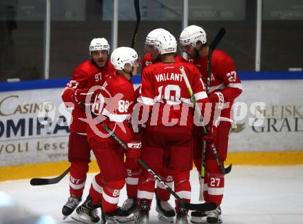 Eishockey. Teststpiel. KAC gegen EC Bad Nauheim.    Torjubel (KAC). Bled 21.8.2022.
Foto: Kuess
---
pressefotos, pressefotografie, kuess, qs, qspictures, sport, bild, bilder, bilddatenbank