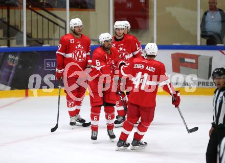 Eishockey. Teststpiel. KAC gegen EC Bad Nauheim.    Torjubel Hundertpfund Thomas, Maier David, Lucas Lessio  Jensen Aabo Jesper (KAC). Bled 21.8.2022.
Foto: Kuess
---
pressefotos, pressefotografie, kuess, qs, qspictures, sport, bild, bilder, bilddatenbank