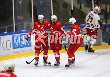 Eishockey. Teststpiel. KAC gegen EC Bad Nauheim.    Torjubel Unterweger Clemens, Ticar Rok, Vallant Thomas (KAC). Bled 21.8.2022.
Foto: Kuess
---
pressefotos, pressefotografie, kuess, qs, qspictures, sport, bild, bilder, bilddatenbank