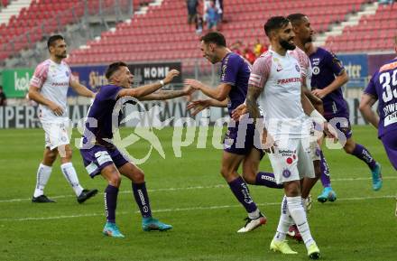 Fussball Bundesliga.  SK Austria Klagenfurt gegen FK Austria Wien.   Torjubel Florian Rieder, Andrew Irving (Klagenfurt). Klagenfurt, am 28.8.2022. 
Foto: Kuess

---
pressefotos, pressefotografie, kuess, qs, qspictures, sport, bild, bilder, bilddatenbank