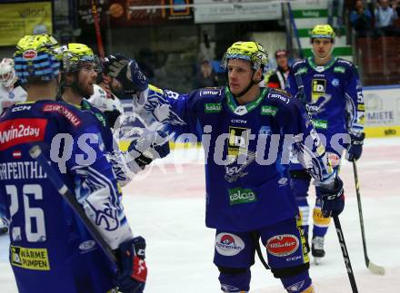 EBEL. Eishockey Bundesliga. VSV gegen BEMER Pioneers Vorarlberg.  Torjubel Chris Collins, Blaz Tomazevic (VSV). Villach, am 22.92022.
Foto: Kuess
www.qspictures.net
---
pressefotos, pressefotografie, kuess, qs, qspictures, sport, bild, bilder, bilddatenbank