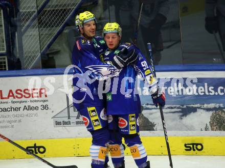 EBEL. Eishockey Bundesliga. VSV gegen BEMER Pioneers Vorarlberg. Torjubel Simon Despres, Blaz Tomazevic  (VSV). Villach, am 22.92022.
Foto: Kuess
www.qspictures.net
---
pressefotos, pressefotografie, kuess, qs, qspictures, sport, bild, bilder, bilddatenbank