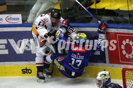 EBEL. Eishockey Bundesliga. VSV gegen BEMER Pioneers Vorarlberg.  Chris Collins, (VSV),    Patrick Spannring (Vorarlberg). Villach, am 22.92022.
Foto: Kuess
www.qspictures.net
---
pressefotos, pressefotografie, kuess, qs, qspictures, sport, bild, bilder, bilddatenbank