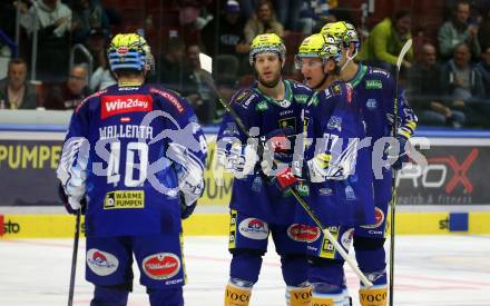 EBEL. Eishockey Bundesliga. VSV gegen BEMER Pioneers Vorarlberg.  Torjubel Kevin Moderer, Philipp Lindner, Elias Jeronimo Wallenta (VSV). Villach, am 22.92022.
Foto: Kuess
www.qspictures.net
---
pressefotos, pressefotografie, kuess, qs, qspictures, sport, bild, bilder, bilddatenbank