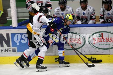 EBEL. Eishockey Bundesliga. VSV gegen BEMER Pioneers Vorarlberg.  Felix Maxa,  (VSV),   Christian Bull (Vorarlberg). Villach, am 22.92022.
Foto: Kuess
www.qspictures.net
---
pressefotos, pressefotografie, kuess, qs, qspictures, sport, bild, bilder, bilddatenbank