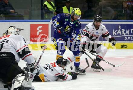 EBEL. Eishockey Bundesliga. VSV gegen BEMER Pioneers Vorarlberg. Alexander Rauchenwald,  (VSV),  David Madlener, Tobias Reinbacher, Ivan Korecky  (Vorarlberg). Villach, am 22.92022.
Foto: Kuess
www.qspictures.net
---
pressefotos, pressefotografie, kuess, qs, qspictures, sport, bild, bilder, bilddatenbank