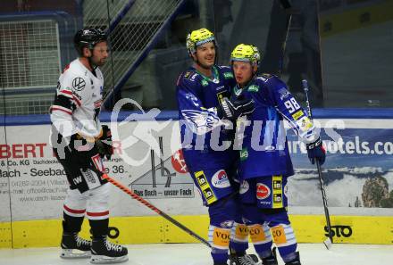 EBEL. Eishockey Bundesliga. VSV gegen BEMER Pioneers Vorarlberg.  Torjubel Simon Despres, Blaz Tomazevic (VSV). Villach, am 22.92022.
Foto: Kuess
www.qspictures.net
---
pressefotos, pressefotografie, kuess, qs, qspictures, sport, bild, bilder, bilddatenbank