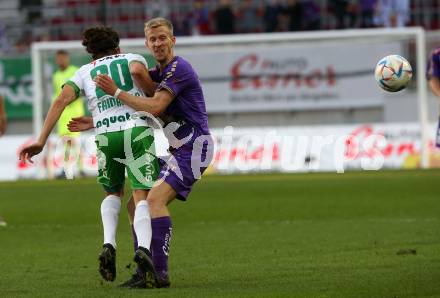 Fussball Bundesliga. SK Austria Klagenfurt gegen SC Austria Lustenau. Christopher CVetko,   (Klagenfurt), Lukas Fridrikas (Lustenau). Klagenfurt, am 8.10.2022.
Foto: Kuess
---
pressefotos, pressefotografie, kuess, qs, qspictures, sport, bild, bilder, bilddatenbank