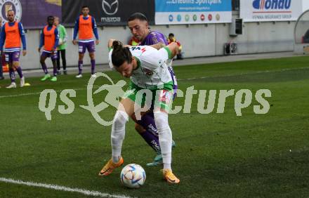 Fussball Bundesliga. SK Austria Klagenfurt gegen SC Austria Lustenau.  Sinan Karweina, (Klagenfurt),  Jean Hugonet (Lustenau). Klagenfurt, am 8.10.2022.
Foto: Kuess
---
pressefotos, pressefotografie, kuess, qs, qspictures, sport, bild, bilder, bilddatenbank