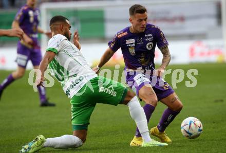 Fussball Bundesliga. SK Austria Klagenfurt gegen SC Austria Lustenau.  Florian Rieder,  (Klagenfurt),  Andersoon Dos Santos Gomes (Lustenau). Klagenfurt, am 8.10.2022.
Foto: Kuess
---
pressefotos, pressefotografie, kuess, qs, qspictures, sport, bild, bilder, bilddatenbank