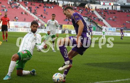 Fussball Bundesliga. SK Austria Klagenfurt gegen SC Austria Lustenau.  Andrew Irving, (Klagenfurt), Hakim Guenouche  (Lustenau). Klagenfurt, am 8.10.2022.
Foto: Kuess
---
pressefotos, pressefotografie, kuess, qs, qspictures, sport, bild, bilder, bilddatenbank