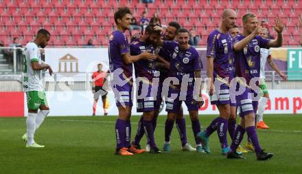 Fussball Bundesliga. SK Austria Klagenfurt gegen SC Austria Lustenau.  Torjubel Thorsten Mahrer, Kosmas Gkezos, Markus Pink, Sinan Karweina, Nicolas Wimmer, Christopher Cvetko, Florian Rieder (Klagenfurt). Klagenfurt, am 8.10.2022.
Foto: Kuess
---
pressefotos, pressefotografie, kuess, qs, qspictures, sport, bild, bilder, bilddatenbank