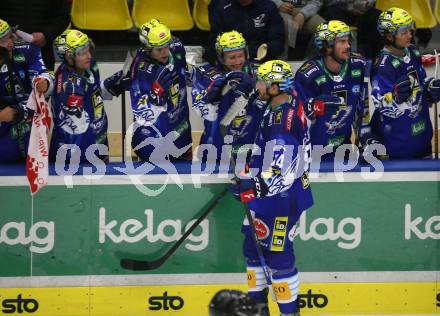 EBEL. Eishockey Bundesliga. VSV gegen HC Pustertal Woelfe.  Torjubel Andrew Desjardins (VSV). Villach, am 14.10.2022.
Foto: Kuess
www.qspictures.net
---
pressefotos, pressefotografie, kuess, qs, qspictures, sport, bild, bilder, bilddatenbank