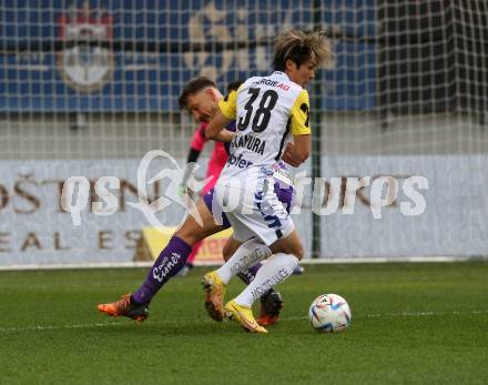 Fussball Bundesliga. SK Austria Klagenfurt gegen LASK   Christopher Wernitznig (Klagenfurt),  Keito Nakamura (LASK). Klagenfurt, am 15.10.2022.
Foto: Kuess
---
pressefotos, pressefotografie, kuess, qs, qspictures, sport, bild, bilder, bilddatenbank